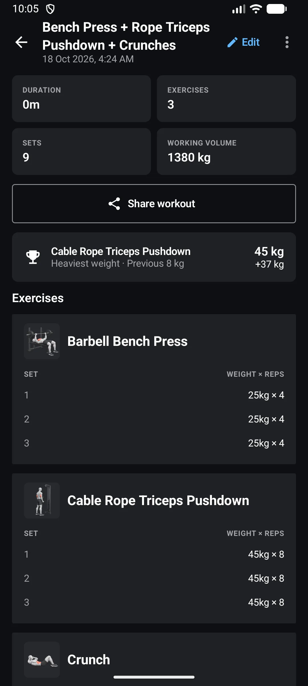 Solid Sets workout detail with exercise sets, weights and repetitions